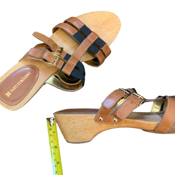 Naturalizer Brown Black Athina Sandals Wooden Slip On Heeled Shoes Size 9W - Picture 10 of 10